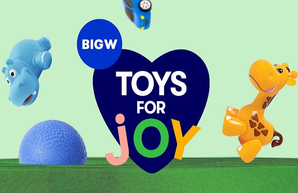 Cartoon balloons with 'Big W Toys for Joy' text